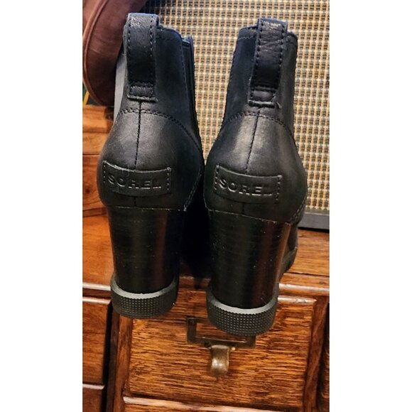 Sorel Black Leather Wedge Heel Ankle Boots Women's Size 8.5 M - Picture 4 of 11